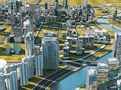 Urban Cityscape Featuring Modern Skyscrapers River Road Networks And Green Areas 3d model