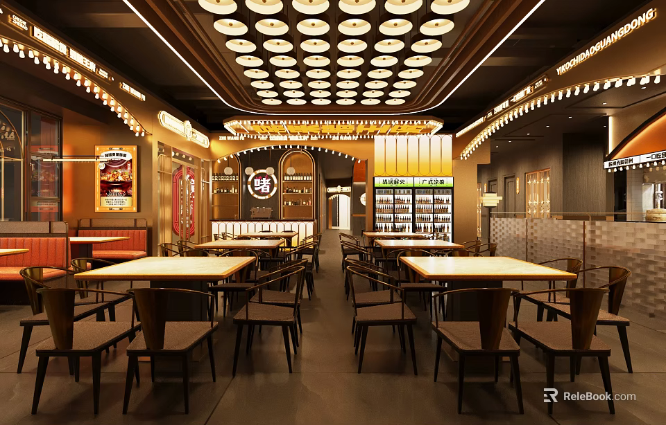 Cozy Restaurant Interior Featuring Wooden Tables Chairs Ceiling Lights And Wall Decor 3d model 