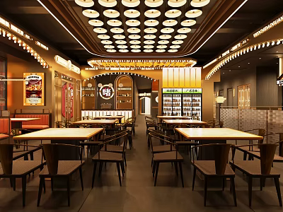 Cozy Restaurant Interior Featuring Wooden Tables Chairs Ceiling Lights And Wall Decor 3d model