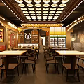 Cozy Restaurant Interior Featuring Wooden Tables Chairs Ceiling Lights And Wall Decor