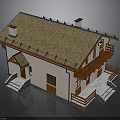 Two Story Residential Building With Sloped Tile Roof Chimney And Wooden Balcony Railing