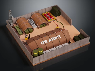 Cartoon US Army Military Camp Scene With Brown Tents Green Crates Yellow Barrels And Fence 3d model