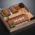 Cartoon US Army Military Camp Scene With Brown Tents Green Crates Yellow Barrels And Fence