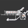Futuristic Silver Weapon with Red Details and Mechanical Design alongside Companion Devices and Cylindrical Components