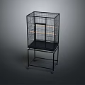 Decorative Ornament Set Black Metal Birdcage on Rolling Stand with Minimalist Design