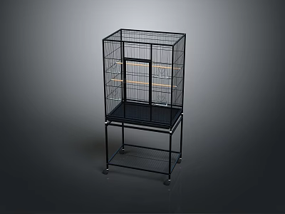 Decorative Ornament Set Black Metal Birdcage on Rolling Stand with Minimalist Design 3d model