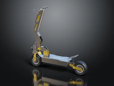 Modern Foldable Electric Scooter With Metallic Silver And Yellow Accents On Dark Reflective Surface 3d model