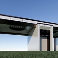 Modern Main Entrance Gate With Metallic Frame Glass Panels And Green Lawn Design