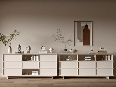 Modern White Entryway Cabinet and Side Cabinet with Plants Clock Books and Wall Art 3d model