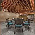 Traditional Hot Pot Restaurant Interior With Wooden Ceiling Lanterns Bamboo Screens And Green Plants