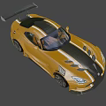Yellow Two Door Sports Car With Black Stripes Rear Spoiler And Large Wheels