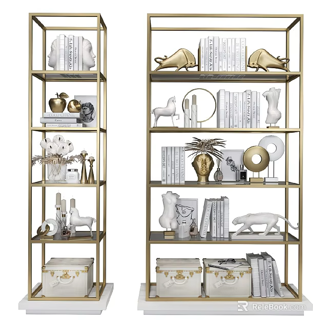 Decorative Ornament Set on Gold Metal Shelves featuring Animal Figurines Books Vases and Decorative Boxes 3d model 