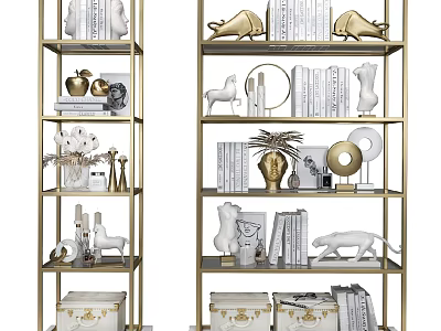 Decorative Ornament Set on Gold Metal Shelves featuring Animal Figurines Books Vases and Decorative Boxes 3d model