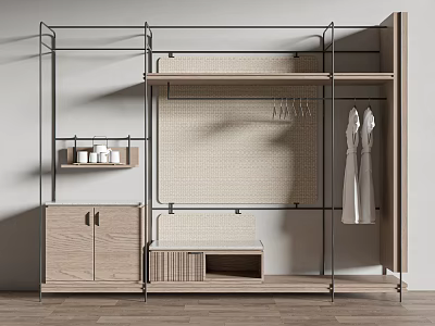 Modern Clothes Rack With Metal Frame Wooden Storage And Hanging Rod Interior Design 3d model