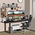 Desk Setup With Dual Monitors Bookshelf Clock Desk Lamp Office Chair And Window Blinds