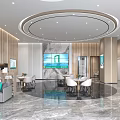 Modern Service Hall Interior Design With Reception Desk Digital Screens And Seating Area