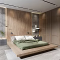 Modern Bedroom Interior With Large Windows Wooden Wall Platform Bed Green Blanket And White Pillows