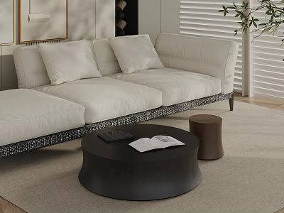 Black Round Coffee Table With Open Book On Top Beside White Sofa And Wooden Stool 3d model