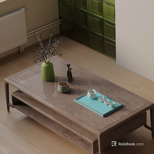 Modern Sofa and Coffee Table Set with Wooden Design Green Vase Black Decor Blue Tray 3d model 