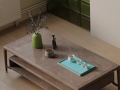 Modern Sofa and Coffee Table Set with Wooden Design Green Vase Black Decor Blue Tray 3d model
