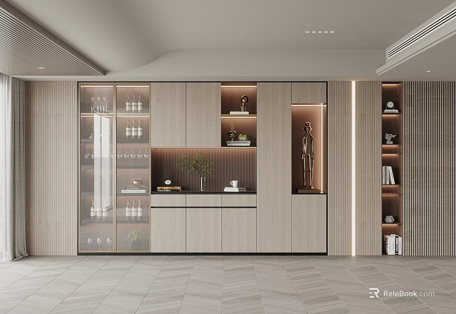 Modern Wine Cabinet Interior Design With Glass Doors And Decorative Plants 3d model 