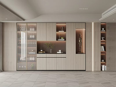 Modern Wine Cabinet Interior Design With Glass Doors And Decorative Plants 3d model