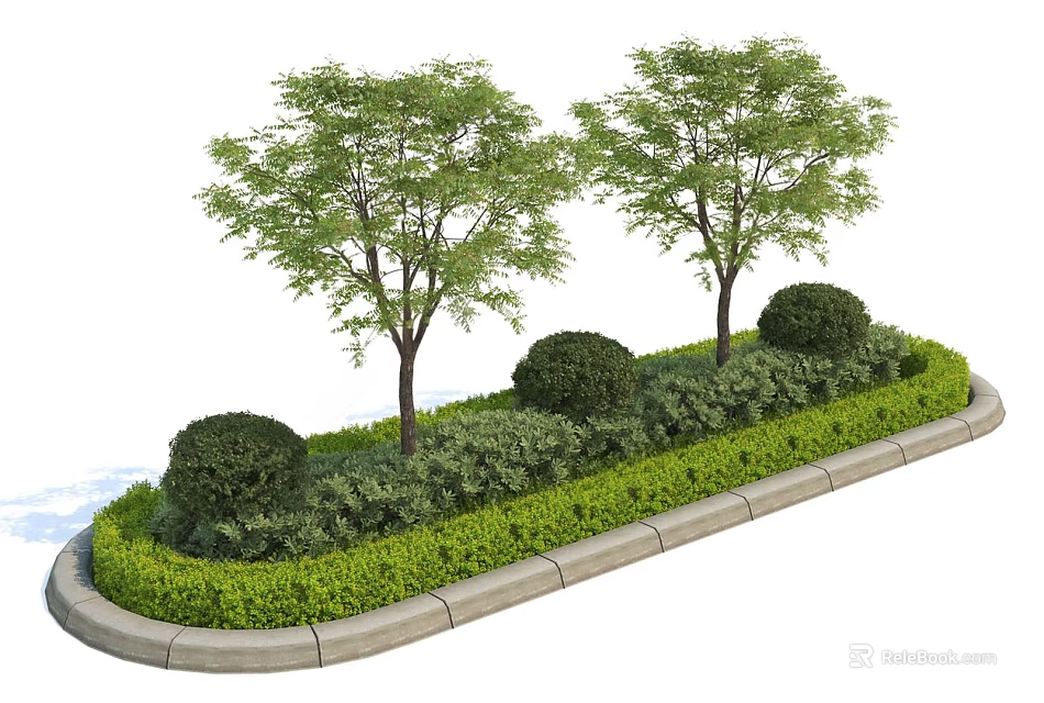 Curved Flower Bed with Trees Bushes Green Plants and Stone Border 3d model 