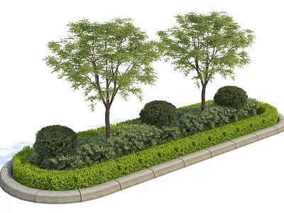 Curved Flower Bed with Trees Bushes Green Plants and Stone Border 3d model