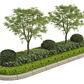 Curved Flower Bed with Trees Bushes Green Plants and Stone Border