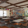 Rexue Shiguang Restaurant Wooden Structure Open Layout Order Counter Menu Screens Colorful Decorations Geometric Flooring