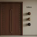 Elegant Dark Brown Security Door Design With Geometric Pattern Frame And Brass Long Handle 3d model
