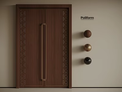 Elegant Dark Brown Security Door Design With Geometric Pattern Frame And Brass Long Handle 3d model
