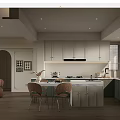 Modern Open Kitchen With Island White Countertop Green Cabinets Beige Walls And Chairs