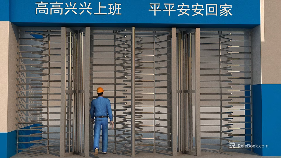 Worker Wearing Orange Safety Helmet Passing Through Turnstile Gate With Safety Slogan 3d model 