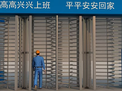 Worker Wearing Orange Safety Helmet Passing Through Turnstile Gate With Safety Slogan 3d model