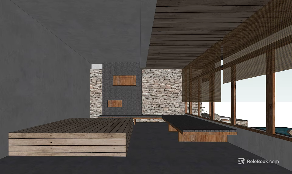 Hotel Public Lounge Area Featuring Gray Walls Stone Wall Wooden Ceiling And Large Windows 3d model 