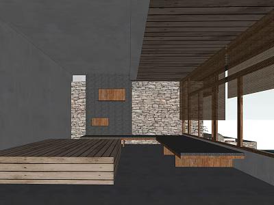 Hotel Public Lounge Area Featuring Gray Walls Stone Wall Wooden Ceiling And Large Windows 3d model