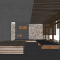 Hotel Public Lounge Area Featuring Gray Walls Stone Wall Wooden Ceiling And Large Windows