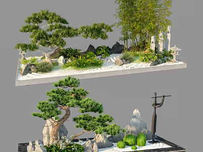 Traditional Courtyard Garden Design With Rock Formations Pine Trees And Bamboo Plants 3d model