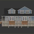 Modern House With Blue Solar Panel Roof Stone Base Porches Wooden Stairs And Multiple Windows