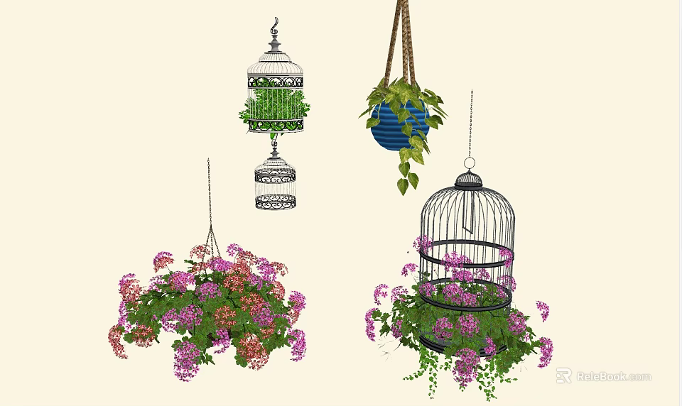 Decorative Hanging Basket Plants With Birdcage Design And Purple Pink Flowers 3d model 
