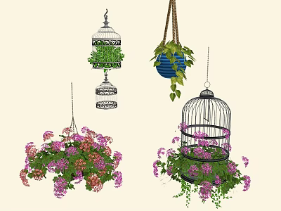 Decorative Hanging Basket Plants With Birdcage Design And Purple Pink Flowers 3d model
