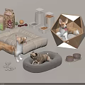 Stylish Pet Cage with Comfortable Beds Pet Food Bowls Toys and Cute Dogs