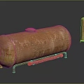 Rusty Cylindrical Oil Tank and Small Metal Container on Reflective Surface 3d model