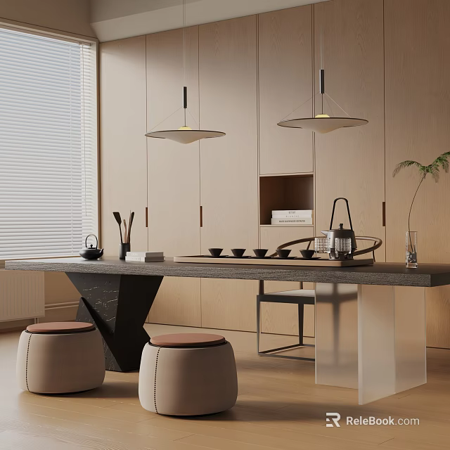 Modern Tea Room Interior With Black Table Tea Sets Stools Hanging Lights And Plant 3d model