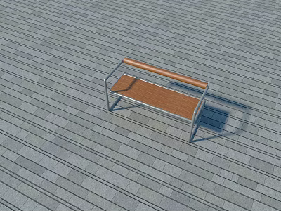 Simple Modern Outdoor Bench with Wooden Seat Backrest and Metal Frame on Striped Floor 3d model