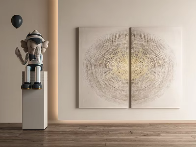 Doll Figure Holding Black Balloon On Pedestal Abstract Painting Gold Center Radial Lines Light Wall Wooden Floor 3d model