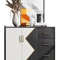 Modern Entryway Side Cabinet With Black White Gold Accents And Decorative Ornaments