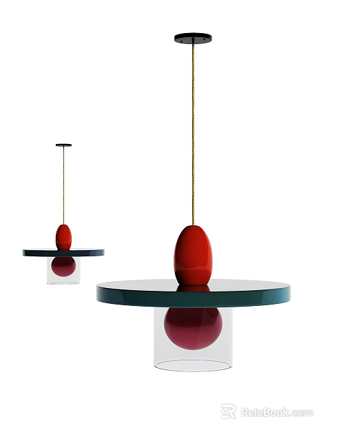 Modern Red Spherical Pendant Lights With Circular Green Base And Transparent Elements 3d model