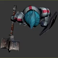 3D Fantasy Warrior Character With Blue Hair Armor Holding Hammer And Shield